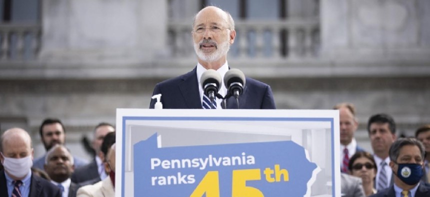 Gov. Tom Wolf speaking in support of his education budget proposals