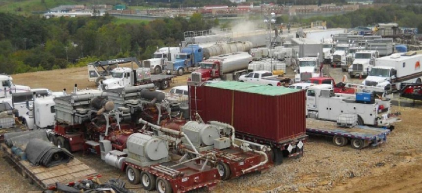 A hydraulic fracturing operation along the Marcellus Shale