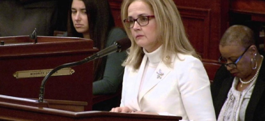 PA Rep. Madeleine Dean, shown in the House chamber during a remembrance for the victims of the Sandy Hook massacre - from YouTube