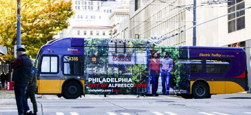As part of Philadelphia's pitch to bring Amazon's HQ2 to the city, buses in Amazon's hometown of Seattle were wrapped with Philly-centric ads. Photo courtesy of Visit Philly.