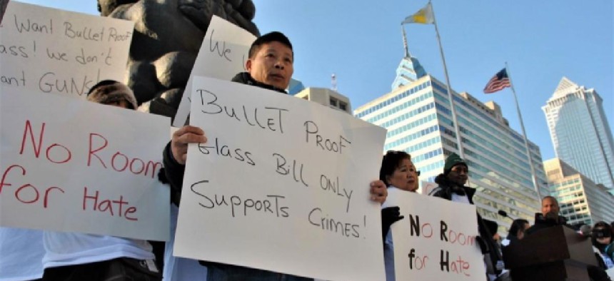 Members of the Asian American Licensed Beverage Association of Philadelphia, which represents 230 beer delis across the city, protested the stop-and-go bill for weeks. Photo: Max Marin