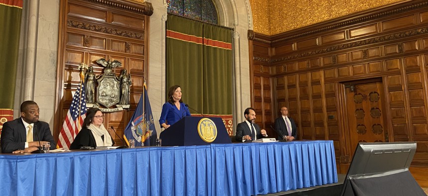 Gov. Kathy Hochul updated reporters on the state budget at a Thursday at the Capitol.