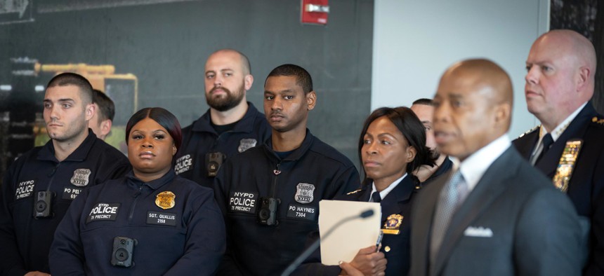 Eric Adams delivering remarks at a training for NYPD's Neighborhood Safety Teams.