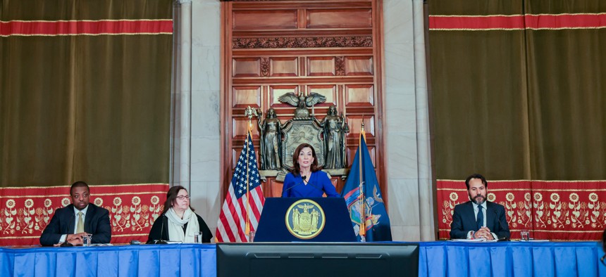 Gov. Kathy Hochul announcing the budget deal.