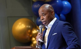 New York City Mayor Eric Adams delivers remarks at City Councilmember Farah Louis’ inauguration at Midwood High School, Brooklyn, N.Y. on March 27, 2022. 