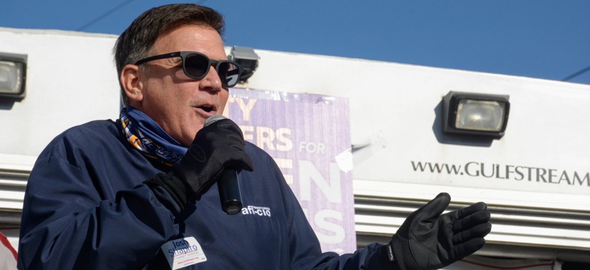 PA AFL-CIO treasurer Frank Snyder speaks at an October 2020 rally in Pittsburgh.