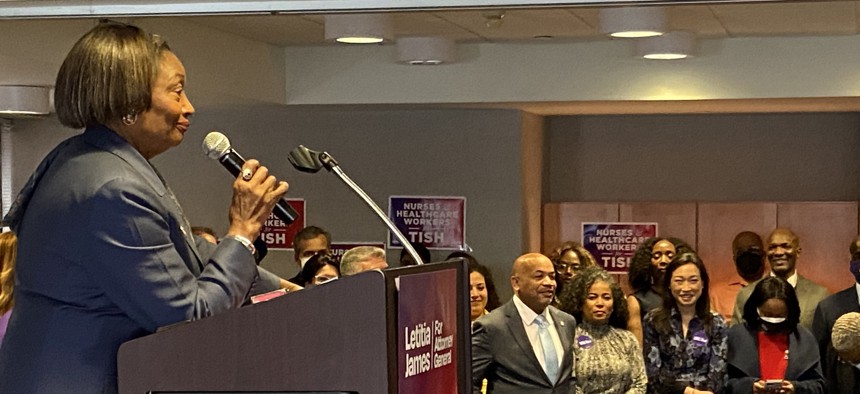 Democratic leaders like state Senate Majority Leader Andrea Stewart-Cousins (at podium) urged the party rank-and-file at Caucus Weekend to not take victory for granted in statewide election this fall.