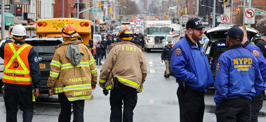 The scene outside of the 36th street subway station where a gunman open fired on passengers this morning, April 12.