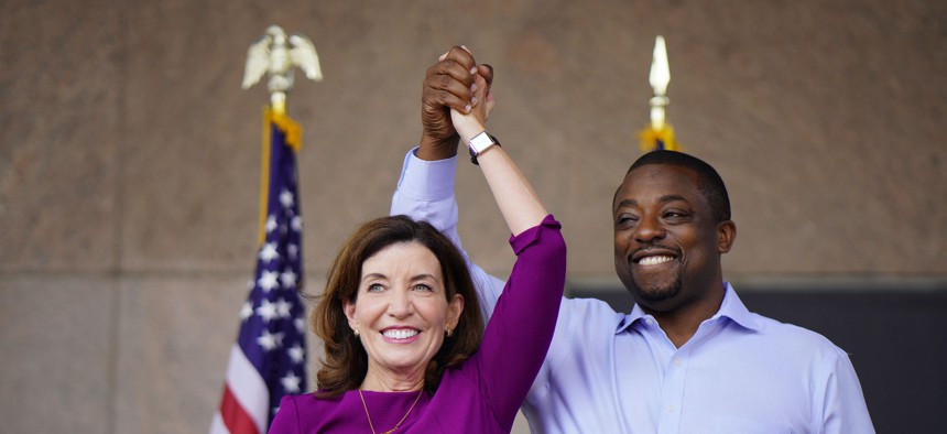 Gov. Kathy Hochul and now resigned Lt. Gov. Brian Benjamin in August 2021.