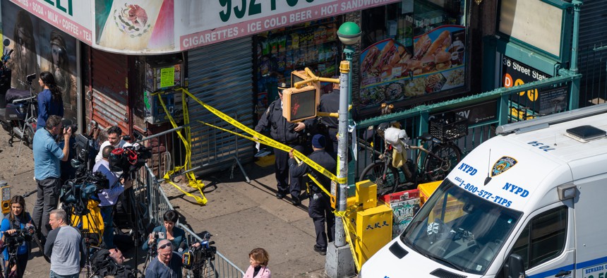 The scene outside of the 36th street subway station where a gunman open fired on passengers this morning, April 12.
