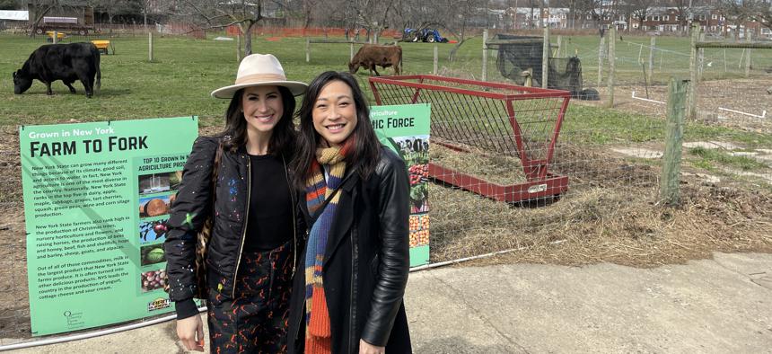 Skye and Council Member Linda Lee at the Queens County Farm.