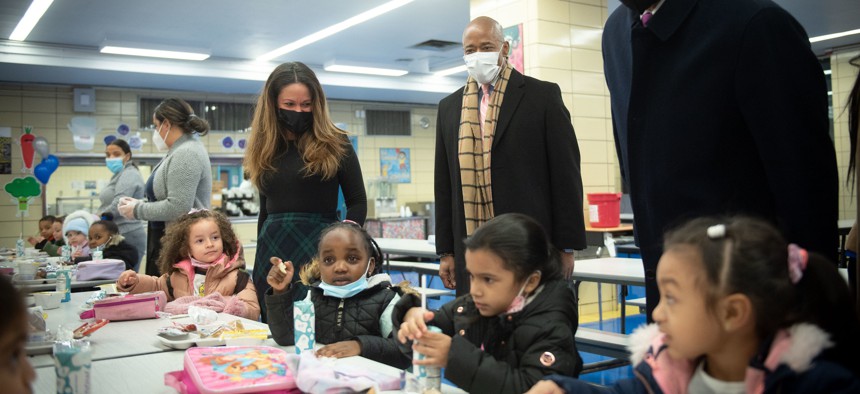 Eric Adams visiting Concourse Village Elementary School in the Bronx with Schools Chancellor David Banks.