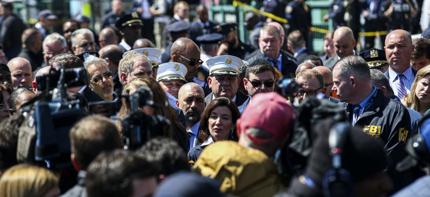 Gov. Kathy Hochul at the scene of the Sunset Park subway shooting on April 12.