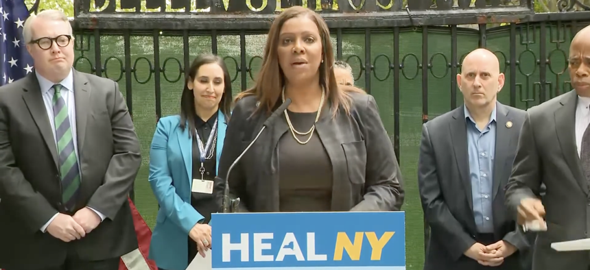State Attorney General Letitia James announcing that New York City received $11.5 million in its first payment under the settlements her office reached with Big Pharma.