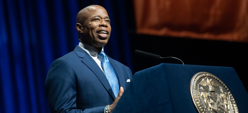 New York City Mayor Eric Adams delivers a budget address at the Kings Theatre in Brooklyn.