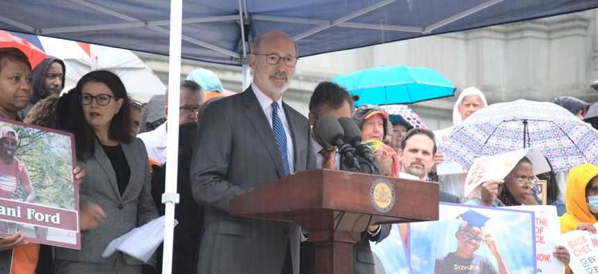 Gov. Tom Wolf speaks at a rally on reducing gun violence