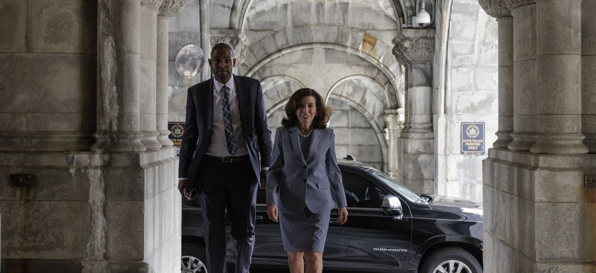 Rep. Antonio Delgado and Gov. Kathy Hochul in Albany to announce Delgado's appointment as Lieutenant Governor. 