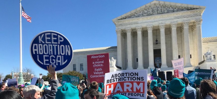 Protesters at the Supreme Court in March 2020, when the justices were hearing arguments in June Medical Services LLC v. Russo.