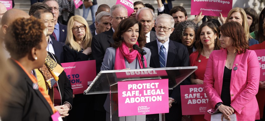 Gov. Kathy Hochul at a Planned Parenthood rally outside the state capitol on May 3.