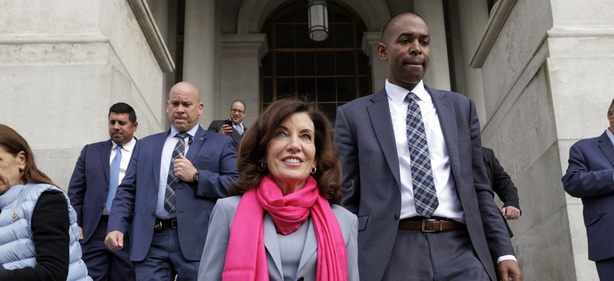 Gov. Kathy Hochul and Lt. Gov. Antonio Delgado at a Planned Parenthood rally at the Capitol.