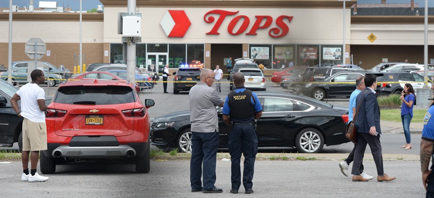 Buffalo Police on scene at a Tops Friendly Market on Saturday, May 14, 2022, in Buffalo, New York. According to reports, at least 10 people were killed after a mass shooting at the store with the shooter in police custody. (Photo by John Normile/Getty Images)