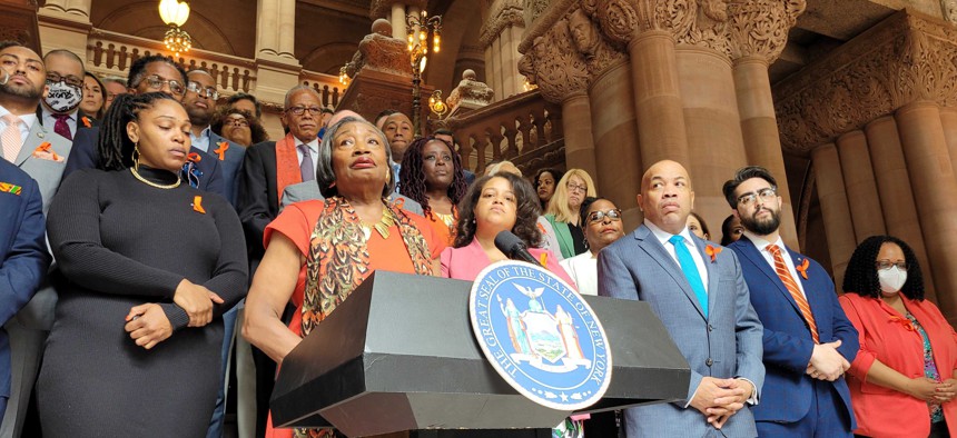 State Senate Majority Leader Andrea Stewart-Cousins speaks at the press conference on the Buffalo mass shooting.