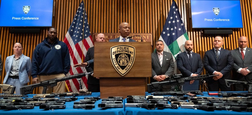 Eric Adams at a press conference announcing he has asked for he Bureau of Alcohol, Tobacco, Firearms and Explosives (ATF) to revoke the federal firearms license of Polymer80. 