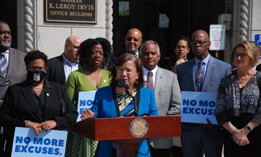 State Rep. Donna Bullock speaks at a press conference on the K. Leroy Irvis Day of Action