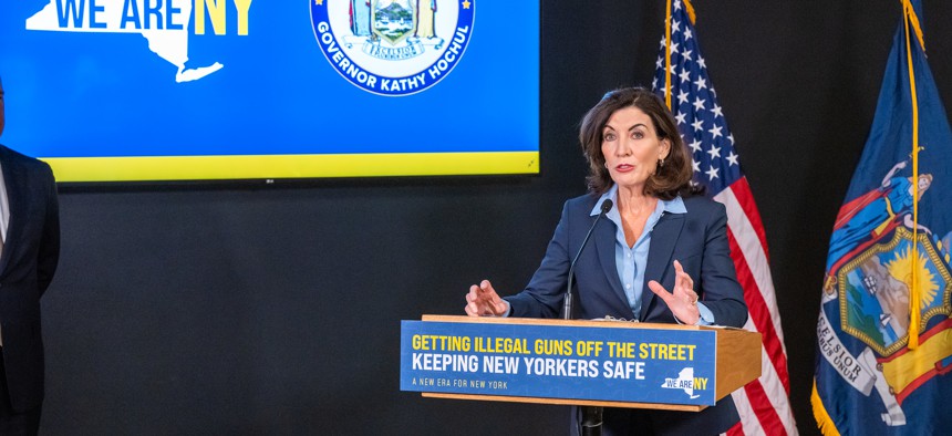 Gov. Kathy Hochul delivers remarks on gun control at the  New York State Intelligence Center on May 25.