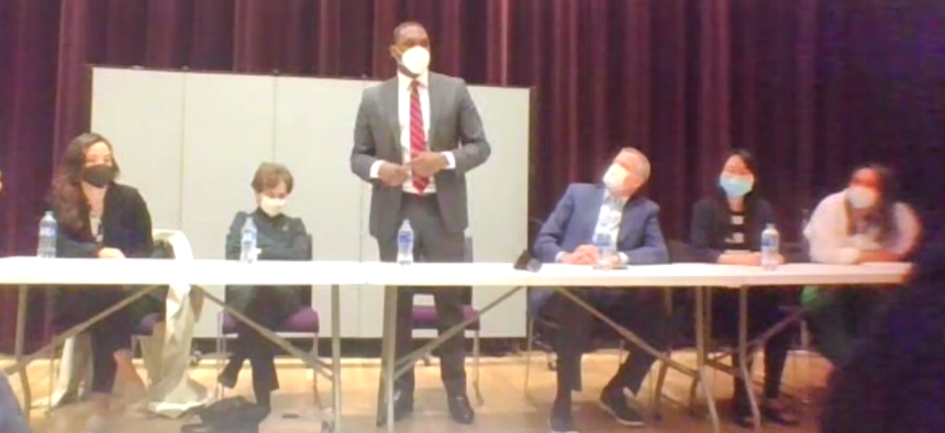 From left, candidates Carlina Rivera, Elizabeth Holtzman, Mondaire Jones, Bill de Blasio, Elizabeth Kim and Yuh-Line Niou