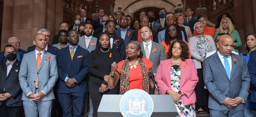 New York State Senate Majority Leader Andrea Stewart-Cousins surrounded by members of the legislature speaks at a press conference on white supremacist motivated killing of 10 people in Buffalo NY.
