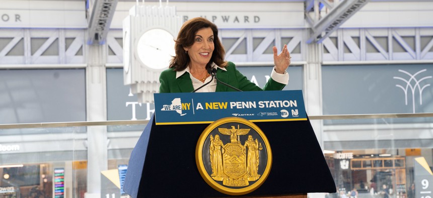 Gov. Kathy Hochul announcing the call for proposals at Penn Station on June 9.