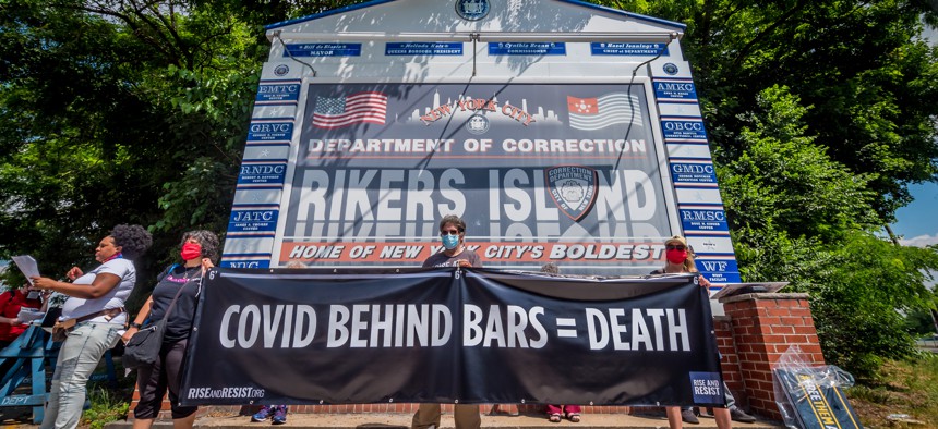 Activists at Rikers Island protesting the conditions for inmates with COVID-19.