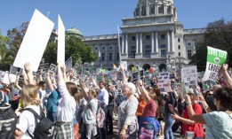 Anti-abortion advocates gather outside the Pennsylvania Capitol in September 2021
