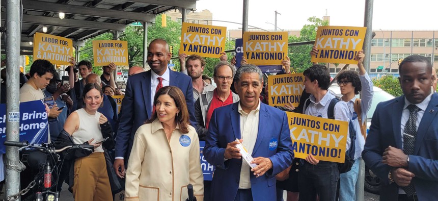 From left, Antonio Delgado, Gov. Kathy Hochul and Rep. Adriano Espaillat