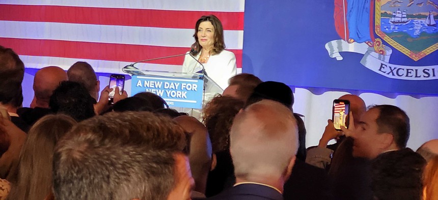 Gov. Kathy Hochul addresses supporters after she and Lt. Gov. Antonio Delgado won the 2022 Democratic primary Tuesday night. 