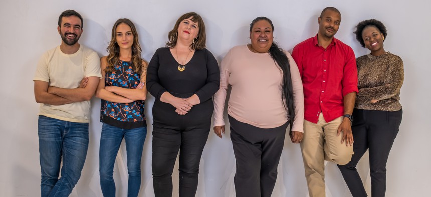 Left to right: Zohran Mamdani, Julia Salazar, Emily Gallagher, Marcela Mitaynes, Jabari Brisport, and Phara Souffrant Forrest.