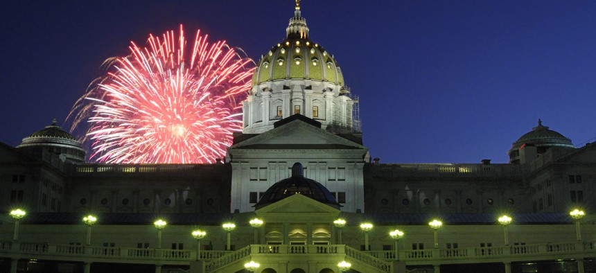 Fireworks near the Pennsylvania Capitol building