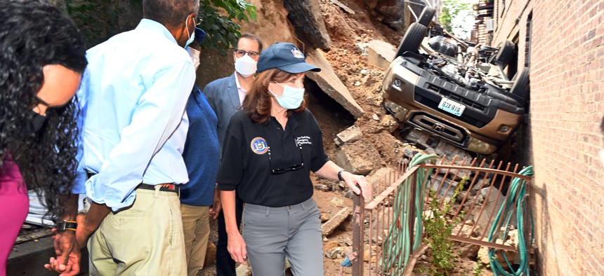 Gov. Kathy Hochul surveys the damage from remnants of Hurricane Ida in 2021 shortly after becoming governor.