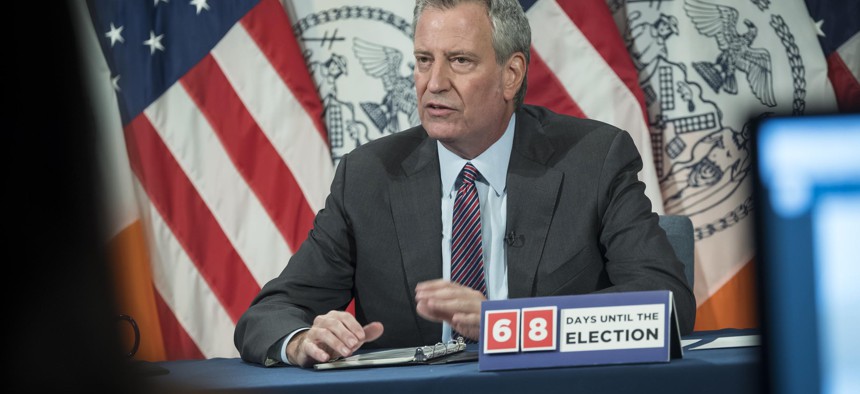 New York City Mayor Bill de Blasio at press conference.