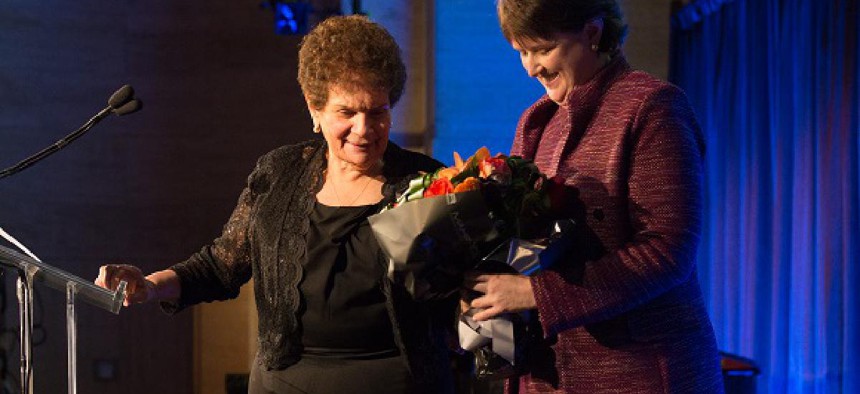 Sister Paulette LoManco, former executive director of Good Shepherd Services, and Michelle Yanche, current executive director of Good Shepherd Services at benefit for LoMonaco's retirement.