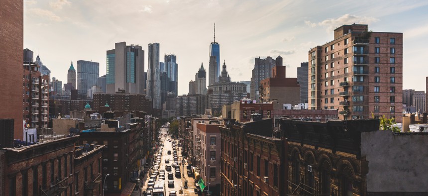 Chinatown and downtown Manhattan in New York from Manhattan bridge.