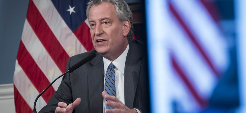 New York City Mayor Bill de Blasio at press conference.