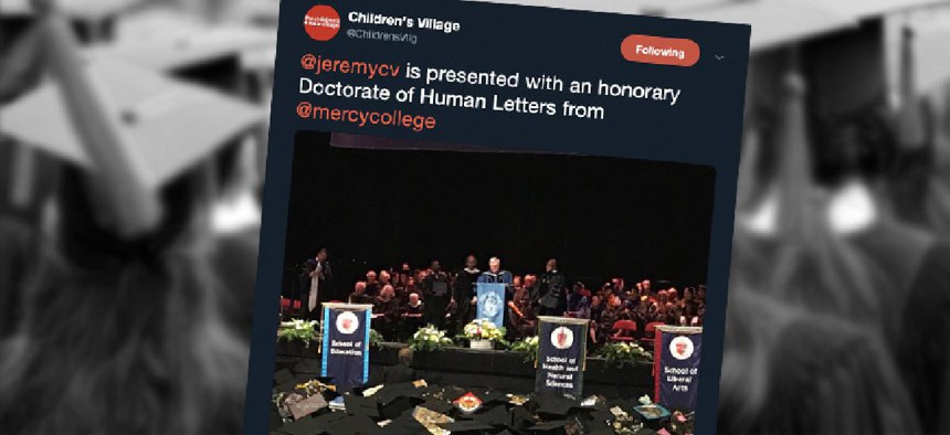 An illustration showing a Tweet of a graduation over a blurred image of a graduation