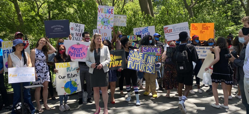 Child welfare advocates rally in City Hall Park to call on New York City to invest $20 million to the Fair Futures initiative.