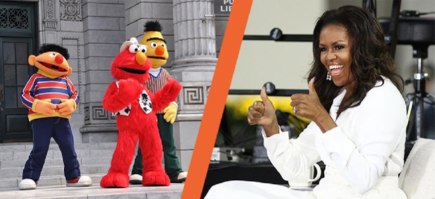 Michelle Obama and Sesame Street characters on opposite sides of image.