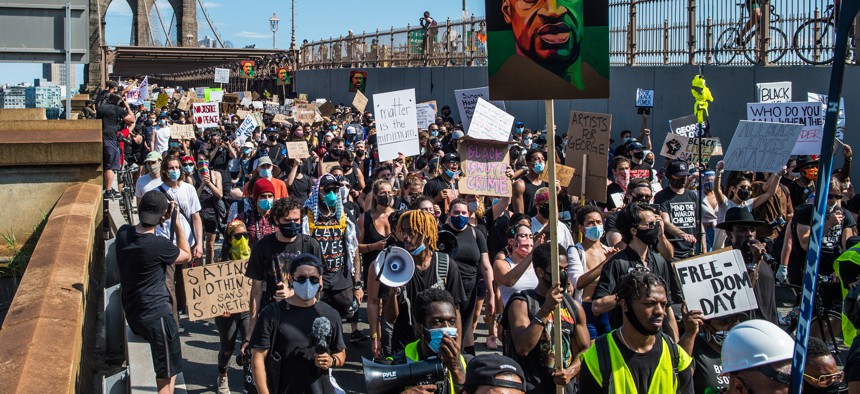 Protesters gathered on Brooklyn Bridge for Juneteenth in 2020.