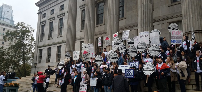 Housing Works employees walking out, calling for unionization in October 2019 in Brooklyn.