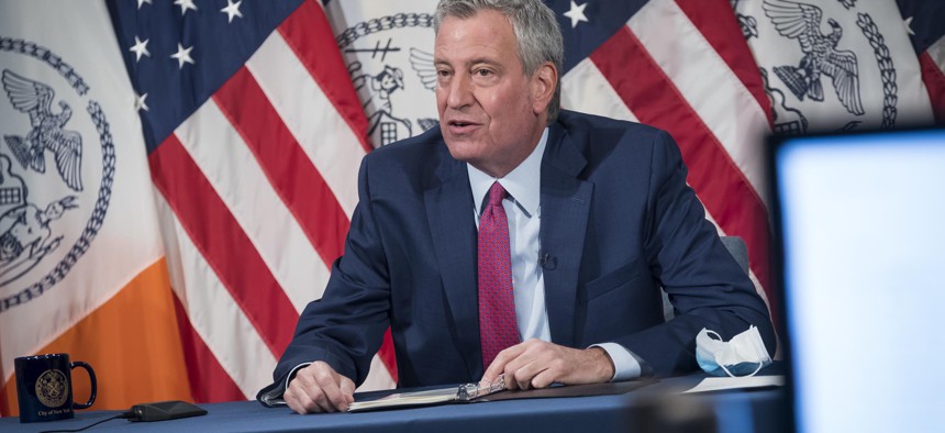 New York City Mayor Bill de Blasio at press conference.