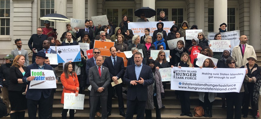 An April 30 rally outside City Hall in New York City